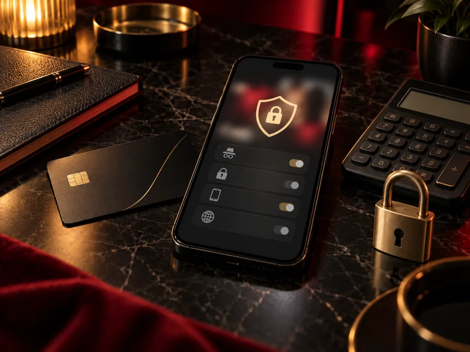 Discreet payment planning and mobile privacy tools on a dark luxury desk.
