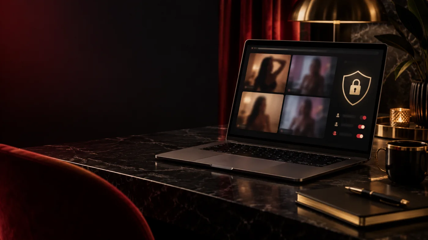 Private cam site comparison on a laptop with a privacy shield symbol.