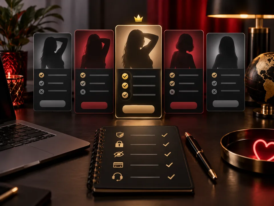 Provider comparison cards with privacy and safety checks in a premium dark interface.